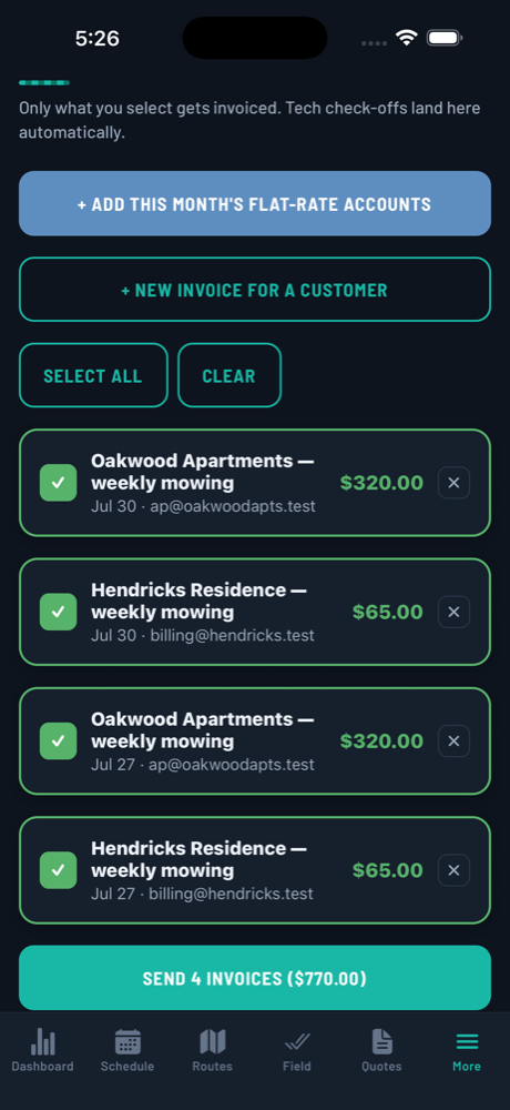 Send invoices screen